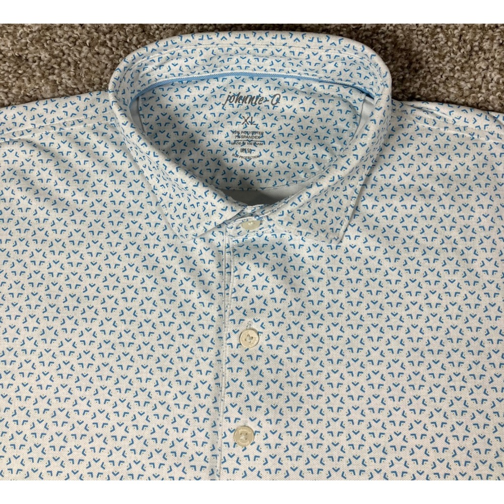 Johnnie-O Mens XL Performance Polo Shirt White Blue Geometric *Company Logo